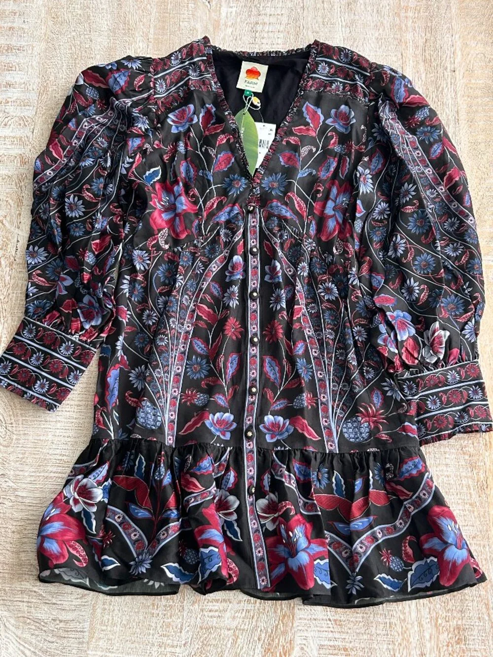 Farm Rio Marcelle Long Sleeve Blue/Black Mini Dress Medium NWT